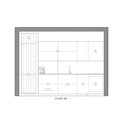 Plans Plan de coupe d'une cuisine sur mesure avec implantation des meubles et des équipements.