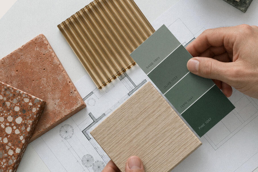 Vue réaliste cuisine bois et zellige - Le Point Cuisine par Senau Vue réaliste d'une cuisine avec meubles en bois brulé, crédence en zellige bleu-vert, plan de travail chêne et béton ciré et suspension linéaire en papier japonais.