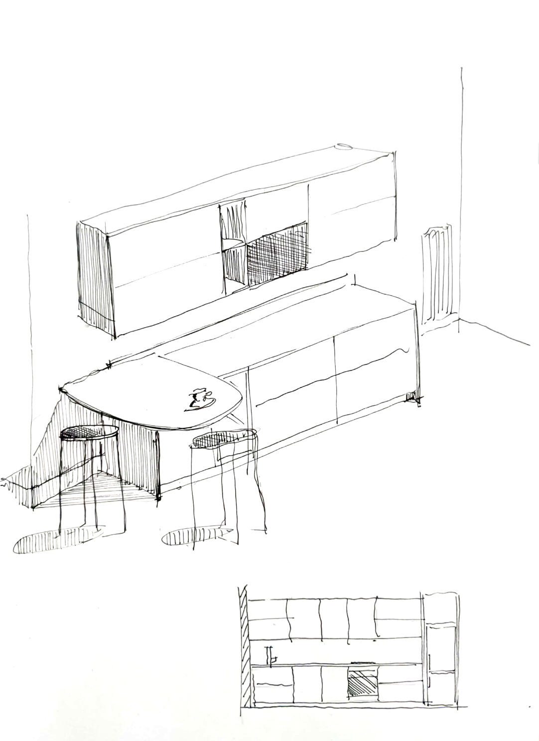 Esquisse de conception cuisine - Le Point Cuisine par Senau Croquis à main levé d'une cuisine linéaire avec meuble haut, espace repas intégré, accompagné d'une élévation frontale.