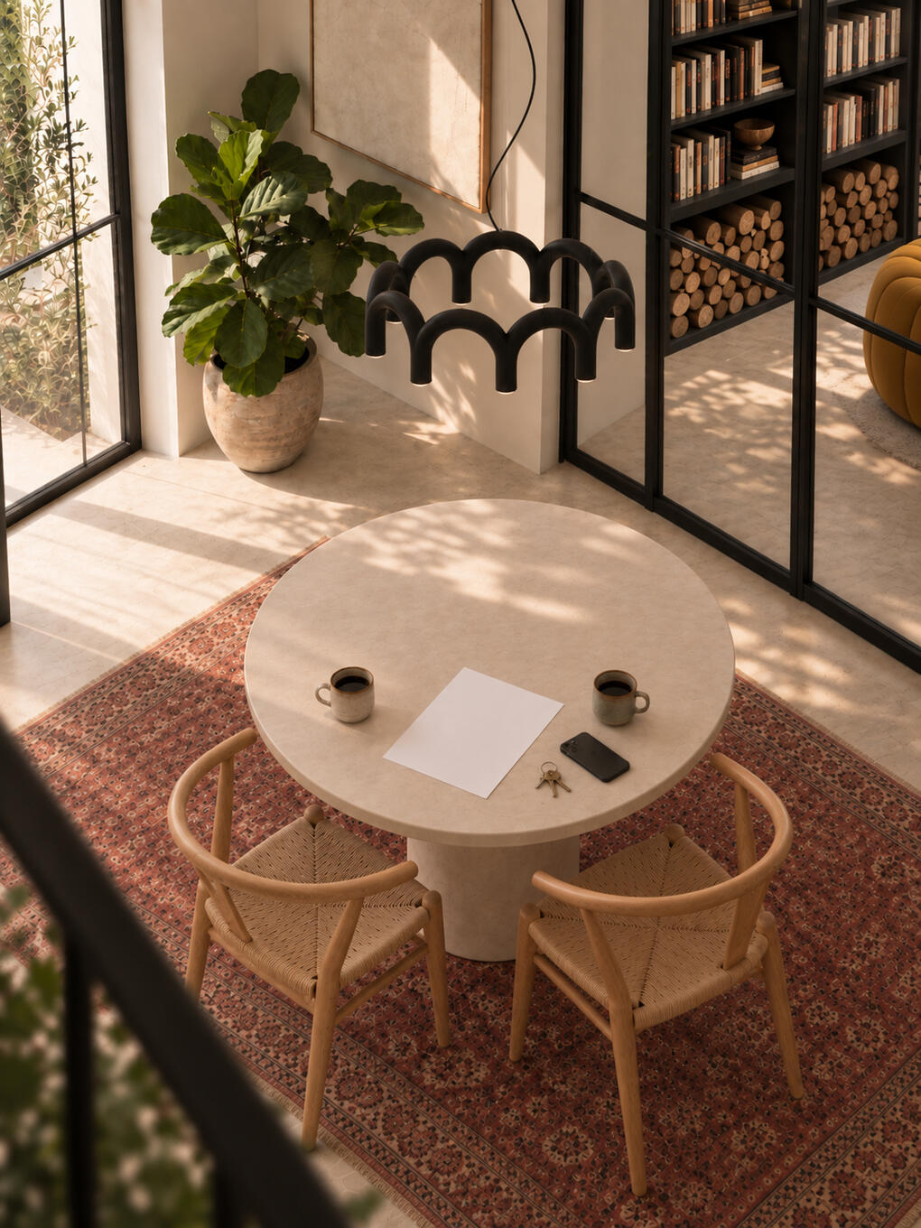 Explorer les possibilités d'implantation - Le Point Cuisine par Senau Vue réaliste d'un intérieur moderne, tapis persan, chaise en chêne, et table ronde minéral et suspension arch en métal noir.